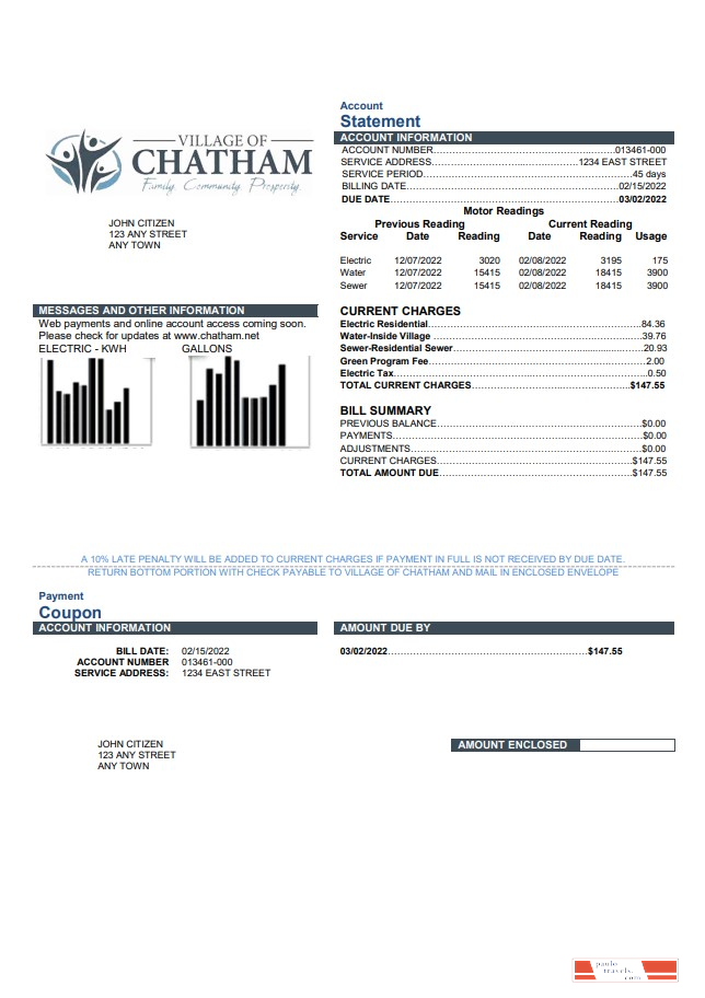USA Village of Chatham utility bill template in Word and PDF format